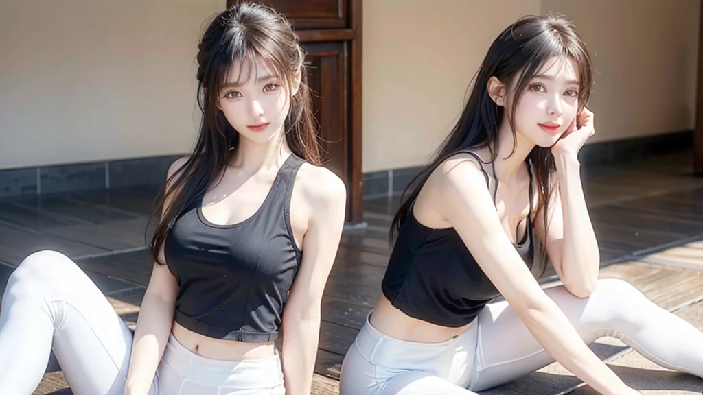 Highest quality, masterpiece, Ultra-high resolution, (Realistic:1.4), Raw photo, Very detailed, Perfect Anatomy, One girl, Most popular Japanese idols, Cowboy Shot, Very cute face like a very famous Japanese idol, Very beautiful  eyes, Very beautiful black hair, Very beautiful white skin, ((Black tank top with upper body)),(((The lower body is white and thin leggings))) An innocent smile, View your viewers, Cute face with attention to detail, Beautiful in every detail、Big blackes, Beautiful hair in every detail, Beautiful white skin down to the last detail((Full body image)),(((Sitting))),Training in the gym，Long, slender legs、Sweat shines、Sweaty skin and clothes