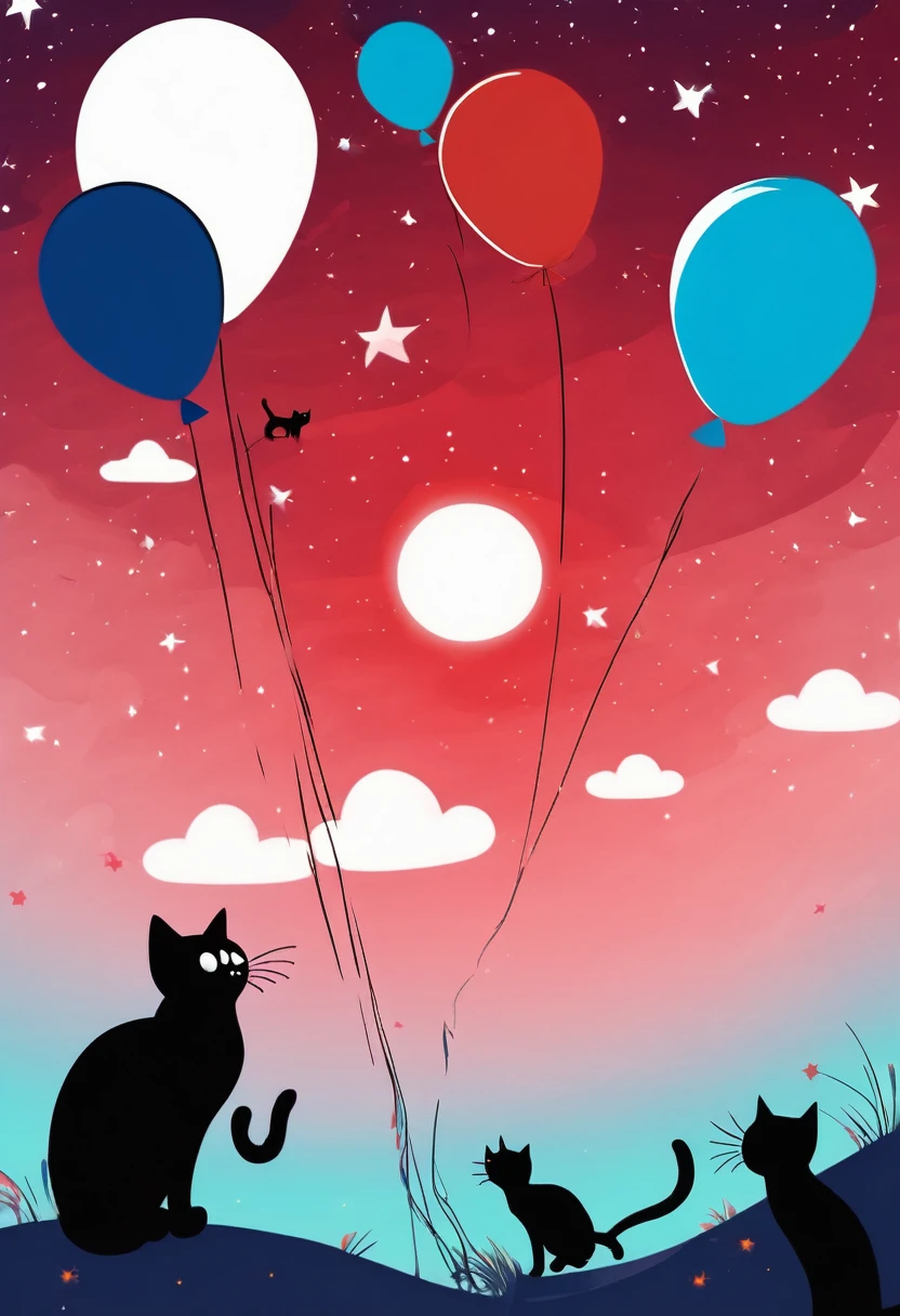 (A bunch of cats with balloons falling from the sky:1.4), Chaotic illustration、Surrealism、sea-blue 、Red and blue gradient, Pastel sky、Starry Sky、Black cat、Three-haired cat、White cat、 Slope background, Slope Sky, moon, 春のRed background, Colorful sky, Starry Sky、 Twilight, Red background, crimson sky, malachite&#39;theme, Pop Surrealism , Highest quality、Texture of drawing paper、Pop Surrealism ポップアート 描画、Fractal Art