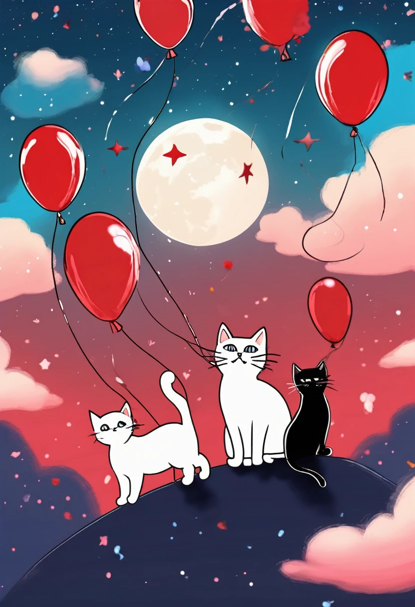 (A bunch of cats with balloons falling from the sky:1.4), Chaotic illustration、Surrealism、sea-blue 、Red and blue gradient, Pastel sky、Starry Sky、Black cat、Three-haired cat、White cat、 Slope background, Slope Sky, moon, 春のRed background, Colorful sky, Starry Sky、 Twilight, Red background, crimson sky, malachite&#39;theme, Pop Surrealism , Highest quality、Texture of drawing paper、Pop Surrealism ポップアート 描画、Fractal Art