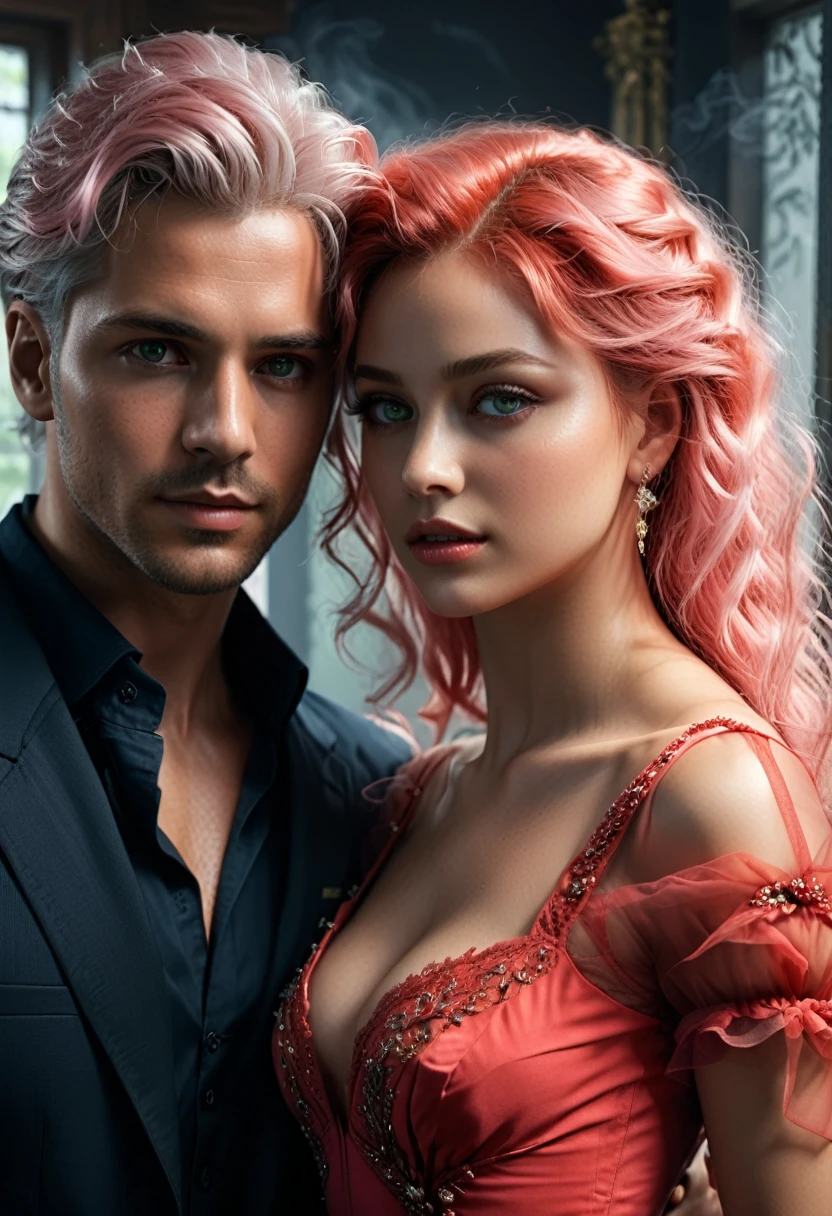 1 woman and 1 man, inside a house, the woman wears an elegant red dress she has beautiful light green eyes, clear detailed skin, light pink hair, strong expression/the man is wearing dark blue clothes, detailed facial features, beautiful red eyes, detailed light skin, medium length black hair, strong expression, dramatic lighting, cinematic composition, cool color palette, atmospheric fog, (best quality, 4K, 8K, high resolution, art: 1.2), ultra-detailed, (realistic, photorealistic, photorealistic: 1.37)
