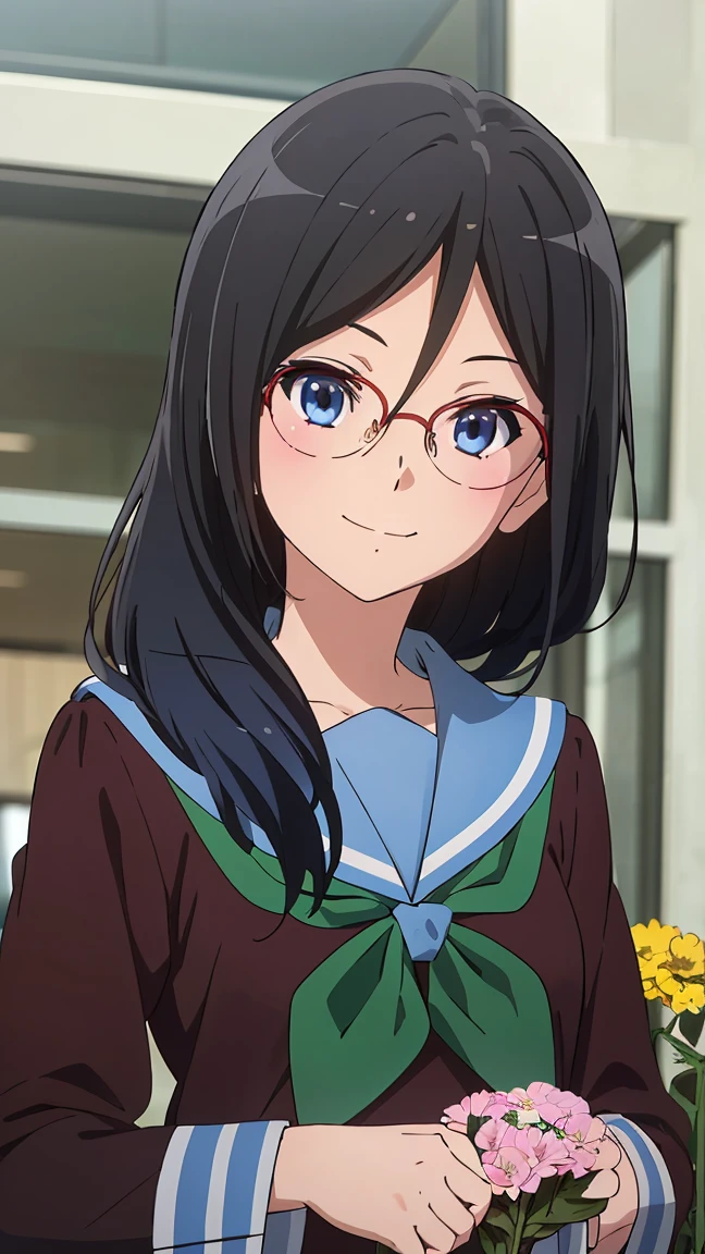solo, 1girl, looking at viewer, sketch, flat colors, 2D, anime, anime coloring, upper body, , asuka tanaka, kitauji high , serafuku, blue sailor collar, green neckerchief, looking at viewer, smile (holding a flowers viewing it to the viewer: 1.5)