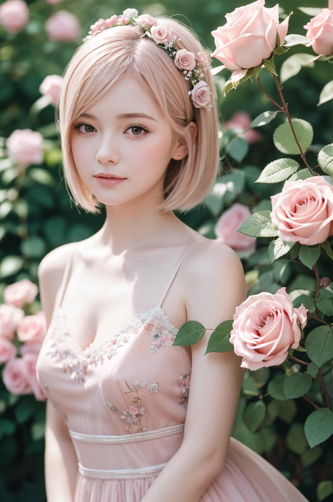 8K, RAW Photos, Fujifilm, Avril-like style photo of a beautiful young woman in a garden of pale pink roses (Highly detailed skin: 1.2) Style Petal Break Short Hair, Blonde and colored hair, Wearing a dress, Film Granulation, 35mm, Cute Style