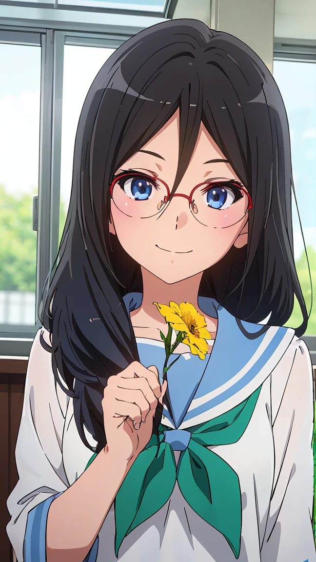 solo, 1girl, looking at viewer, sketch, flat colors, 2D, anime, anime coloring, upper body, , asuka tanaka, kitauji high , serafuku, blue sailor collar, green neckerchief, looking at viewer, smile (holding a flowers viewing it to the viewer: 1.5)