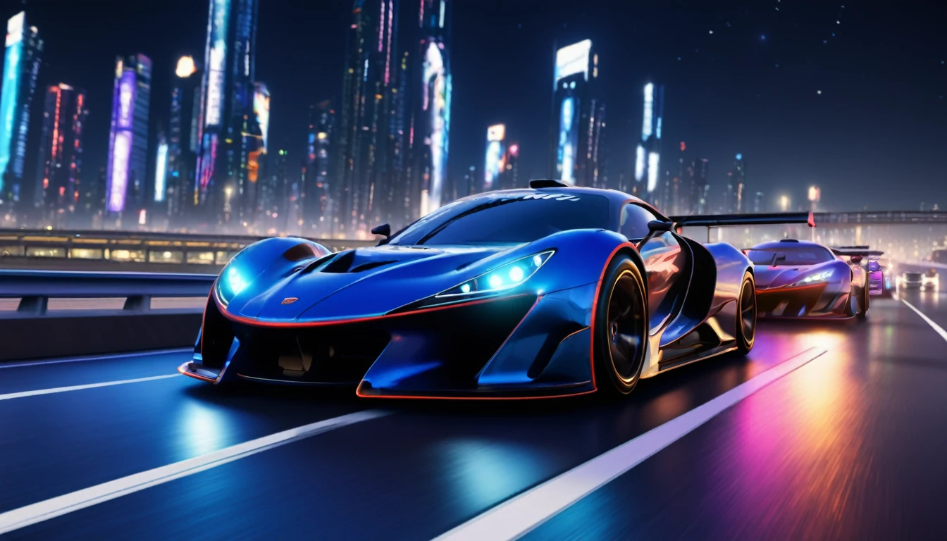 cars posing on a highway, racing game starting screen, night city, near future, super awesome, masterpiece