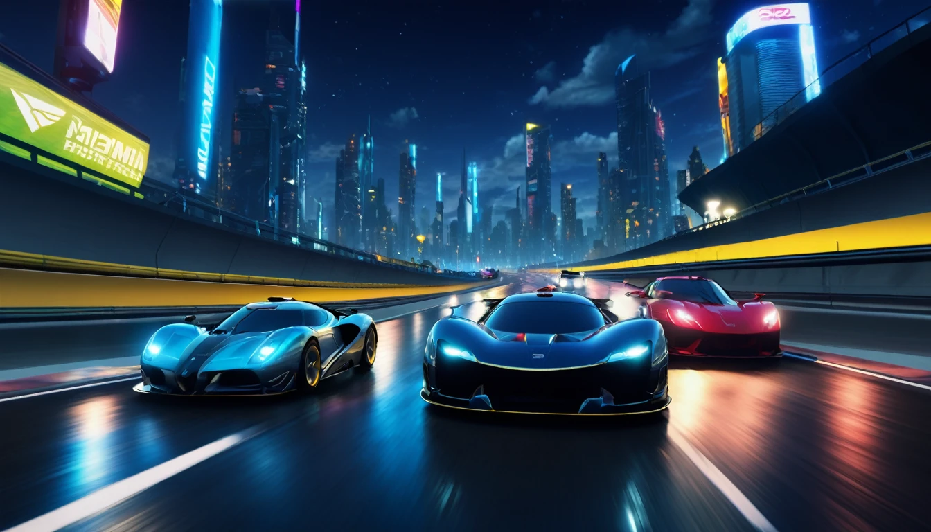 cars posing on a highway, racing game starting screen, night city, near future, super awesome, masterpiece