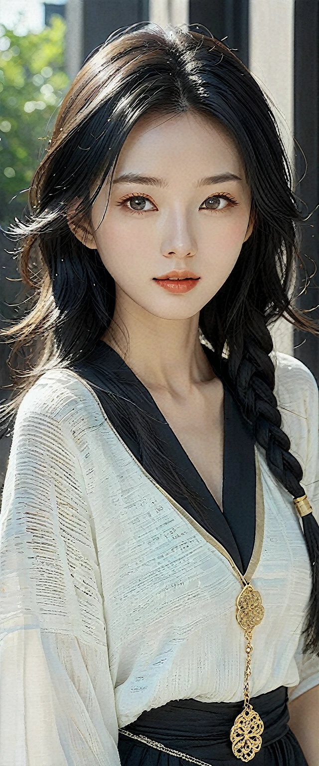 cute female girl in high polish, in the style of xiaofei yue, dark white and dark gold, happycore, cut/ripped, soft femininity, nobuo sekine, meticulous lines --s 750