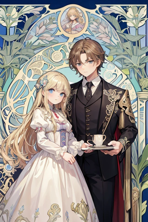 masterpiece, Highest quality, Very detailed, 16K, Ultra-high resolution, Cowboy Shot, Handel and Gretel, (Art Nouveau:1.3), 10 year old couple, Detailed face, blue eyes,blonde、Room with fireplace
