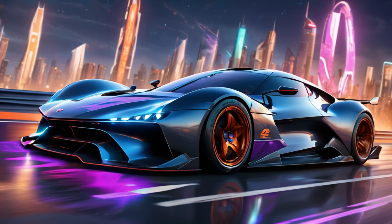 An electrifying starting lineup on a futuristic highway, brimming with excitement and anticipation as it sets the stage for an adrenaline-fueled racing game. The scene unfolds against a vibrant, neon-lit cityscape that stretches into the horizon, a kaleidoscope of skyscrapers piercing the night sky, their windows twinkling like distant stars. The asphalt below is a sleek, mirrored surface, reflecting the myriad of high-performance cars poised for the race. Each vehicle is a masterpiece of design and technology, boasting sharp angles, gleaming chrome, and an array of customizations that make them as unique as the digital warriors who will soon be maneuvering them. The spectrum of colors is dazzling, with cars ranging from fiery reds and oranges to cool blues and purples, each emitting a soft glow that accentuates their contours. The game's logo, "HyperDrift 2077," burns brightly in the center of the screen, its edgy font a testament to the high-speed world the players are about to enter. Above the cars, floating holographic displays count down from ten to one, the numbers pulsing with an energy that seems almost tangible. The racers, visible through the tinted windshields, are a diverse cast of characters, each with a determined look in their eyes. The setting sun casts a dramatic orange hue across the scene, framing the cars in a way that suggests the race will be one of epic proportions. The air is thick with the scent of burnt rubber and the distant hum of roaring engines, hinting at the chaotic symphony of speed and power that is about to unfold. The starting screen of "HyperDrift 2077" promises a heart-pounding experience, where the only limits are the players' skills and imagination.
