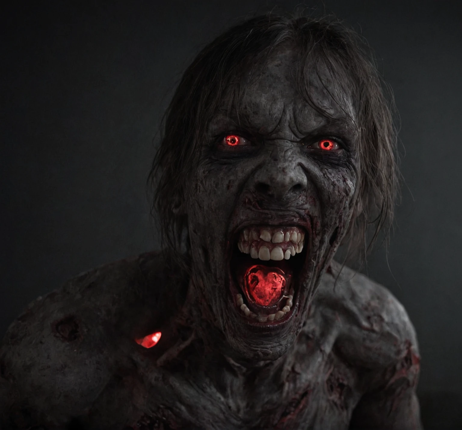 maniacal laugh, mouth wide open, eyes with red light, dark, zombie gray skin, black jersey