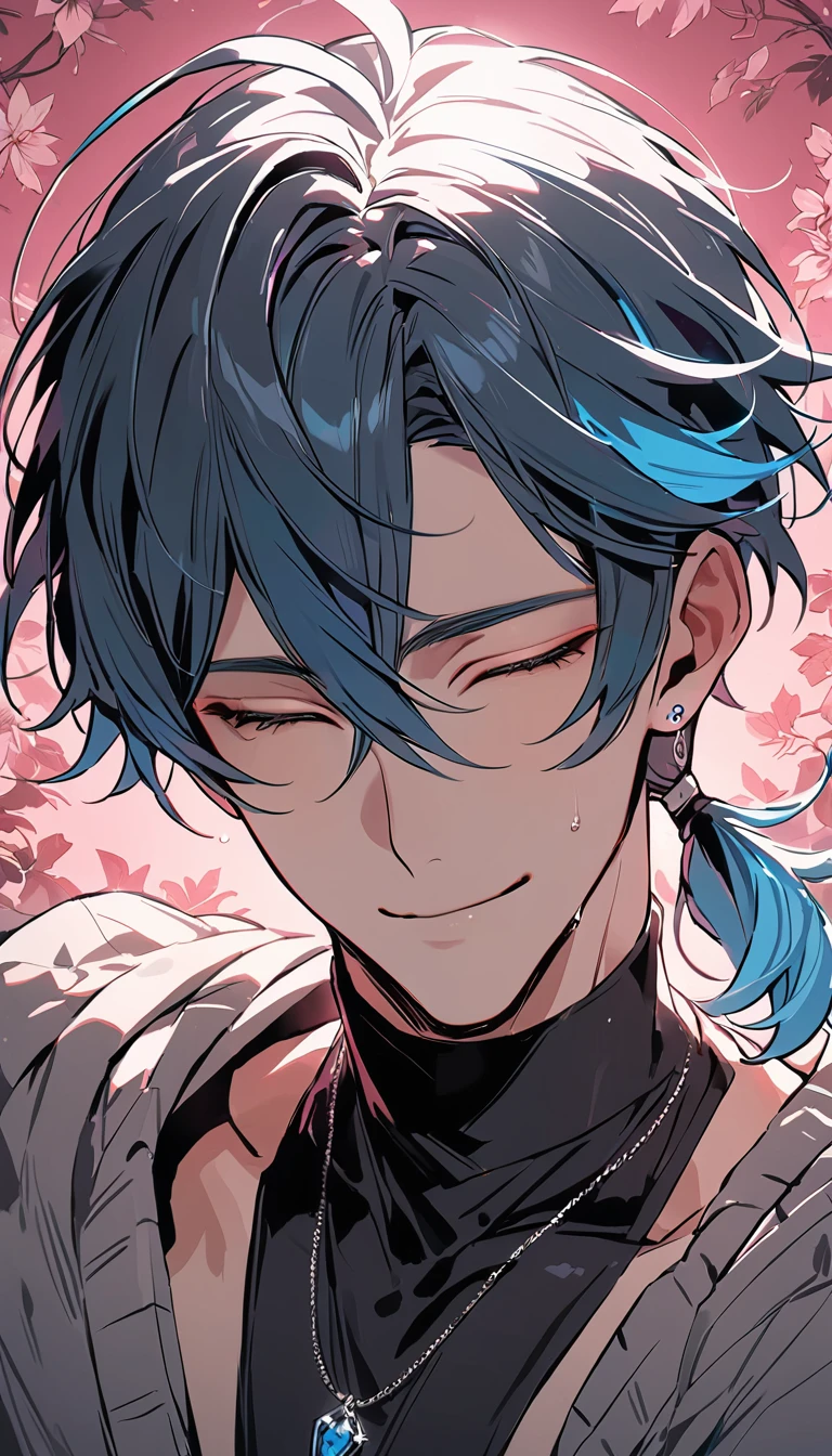 ((((best masterpiece, best quality, wallpaper,)))) solo, guy, male body, small muscles, flat chest, 1male, 30 years old, handsome man, upper body, looking at viewers, beautiful detailed, seductive smile, mediumturquoise hair, ((((Lower short ponytail)))), asymmetrical bangs, ((short hair,)) (((light smile, closed eyes, tareme, droopy eyes,))) (((perfect face,))) perfect hands, sharp nose, clear face, black turtleneck, grey cardigan, ((silver piercing, pendant,)) leggings, pink background color ultrasharp, 8K, masterpiece,