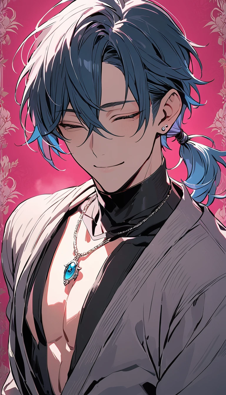 ((((best masterpiece, best quality, wallpaper,)))) solo, guy, male body, small muscles, flat chest, 1male, 30 years old, handsome man, upper body, looking at viewers, beautiful detailed, seductive smile, mediumturquoise hair, ((((Lower short ponytail)))), asymmetrical bangs, ((short hair,)) (((light smile, closed eyes, tareme, droopy eyes,))) (((perfect face,))) perfect hands, sharp nose, clear face, black turtleneck, grey cardigan, ((silver piercing, pendant,)) leggings, pink background color ultrasharp, 8K, masterpiece,