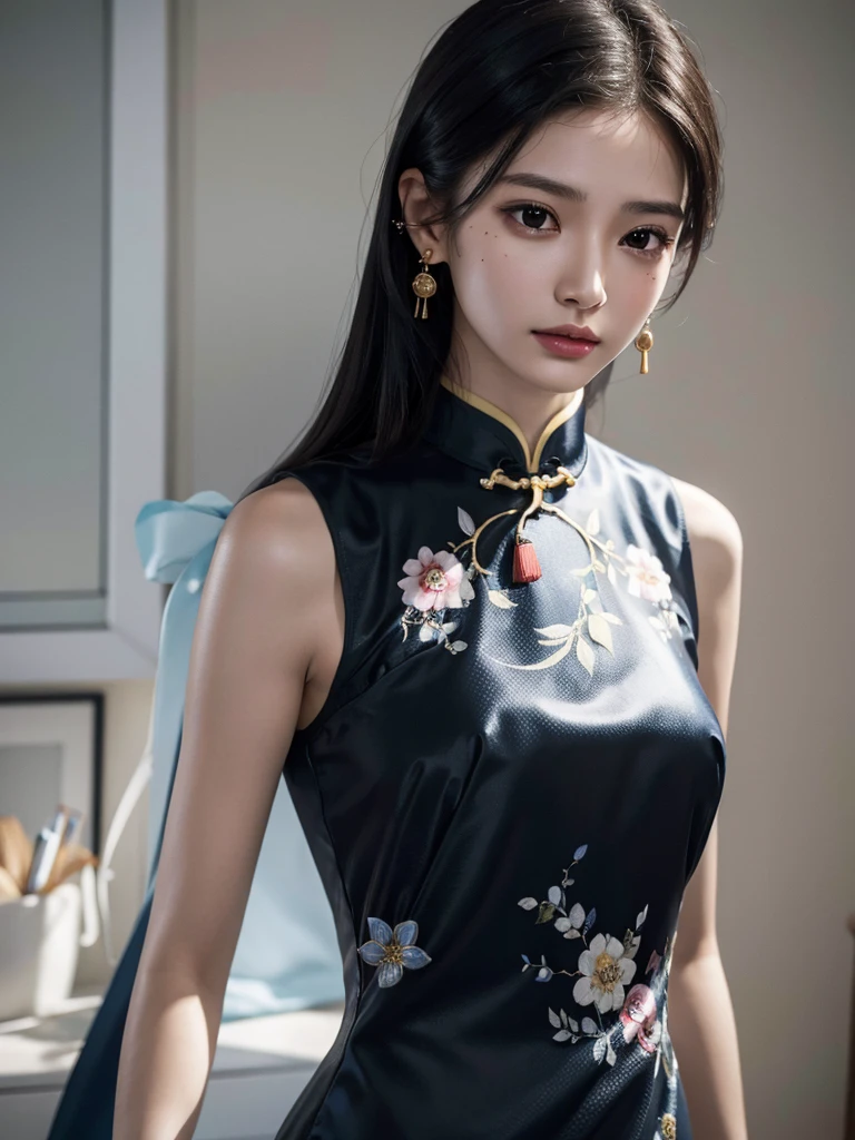 absurdres, RAW photo, extremely delicate and beautiful, masterpiece, Best Quality, ultra high resolution, 32k, hyperrealistic, ultra-detailed, perfect figure, in her 20s, very small head, very small face, delicate facial features, tearful mole, earring, ((huge breasts)), ((full body shot)), medium hair, black hair, ((cheongsam)), sleeveless, deep slit,