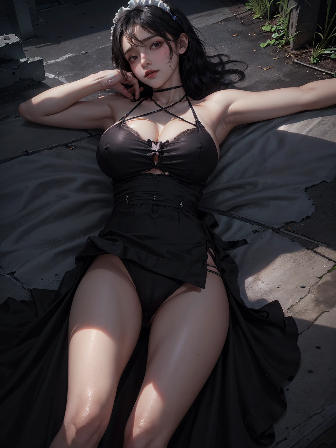 (masterpiece:1.3, Highest quality, Ultra-high resolution, Super detailed), (Realistic, photoRealistic:1.4), Perfect lighting, colorful, Depth of written boundary, Browsing Caution, Surrealism,((closedeyes:1.4)), ((cameltoe:1.4)),Beautiful detailed hair, Beautifully detailed face, Beautiful valley,Beautiful clavicle, Beautiful body, thin脚,Beautiful feet, Beautiful breasts,Beautiful Hands, thin, 1 girl,Perfect Face, Long eyelashes,21 years old,Perfect Anatomy, Supermodel with a long neck,((Skinny1.3)),looking at the camera,(Perfect Anatomy,Anatomically correct, Highly detailed skin), Shiny skin,((beautiful girl:1.1)),(( large breasts:1.4)),(Mid-length hair:1.4, Wavy Hair:1.2, Black Hair) ,hair over one eye, Dainty facial structure,((lying, on back:1.5)), ((wearing(black)Maid clothes:1.4)),criss-cross halter,Long hangerless gloves,((Destroyed city)),((Ruins scary atmosphere,Mood Lighting)),naked,spooky,soil,Deep dark background,Complex background((dynamic))