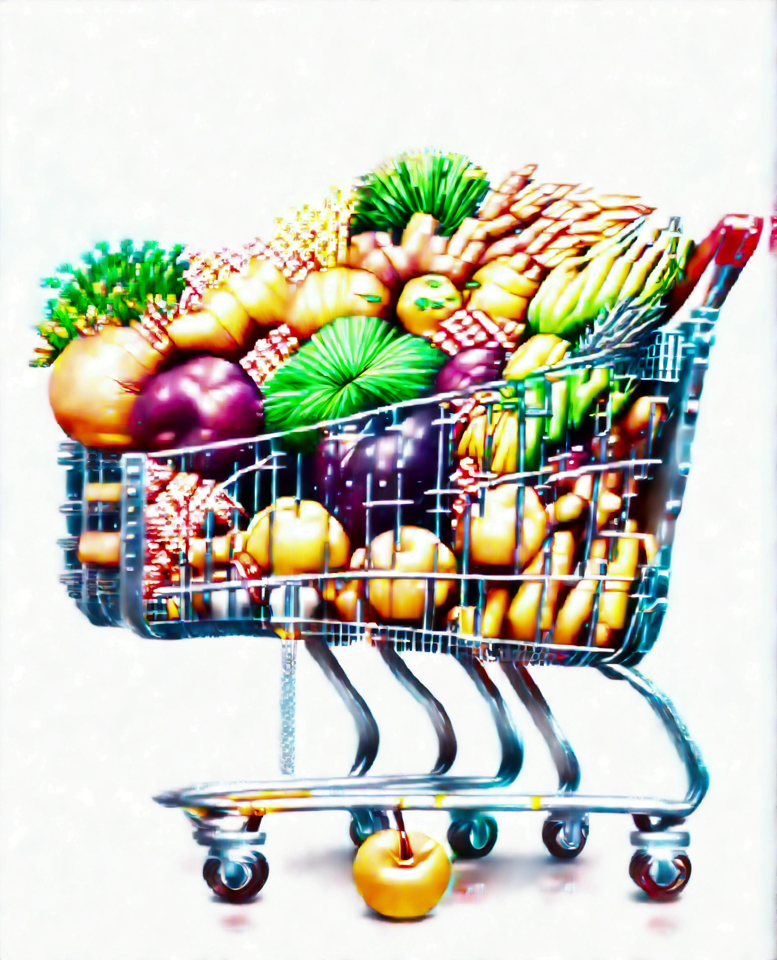 shopping trolley with a lot healthy food, illustration, isolated with solid white background, surrounded with negative space, centered composition, 8k, highest detailed painting, very precise painting, Isolated, clear solid white background, perspective angle of view, cartoon style, ((watercolor:2)), clip art, (lora:add-detail-xl:1)