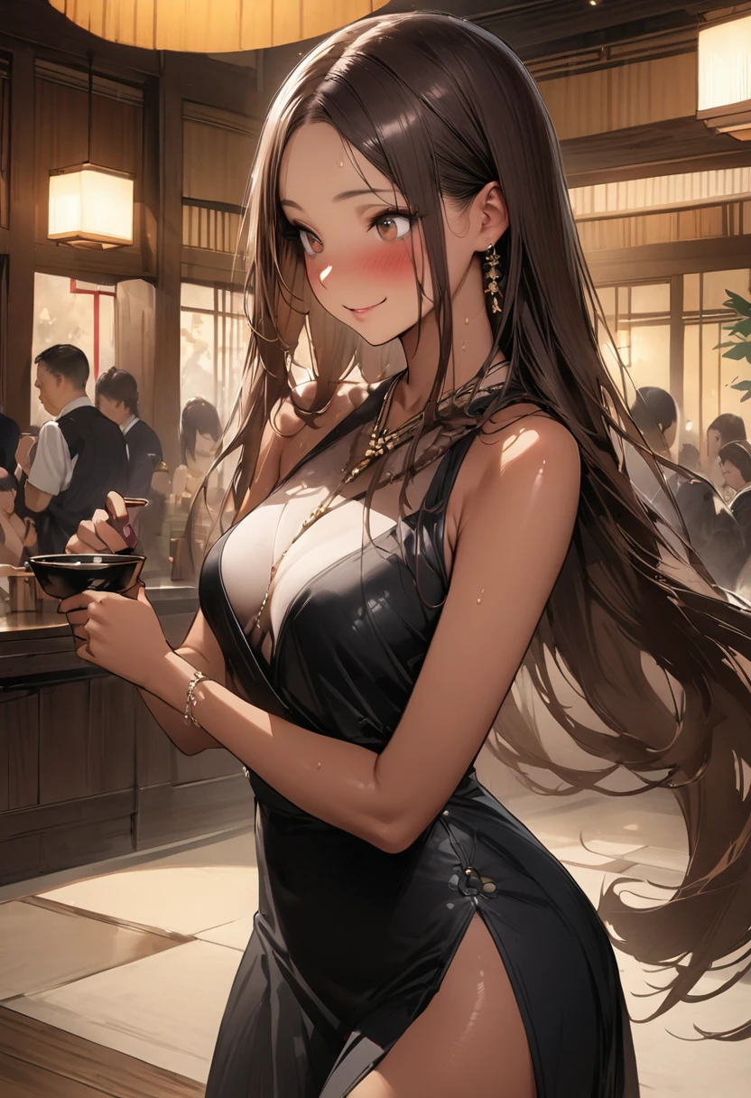 ((masterpiece,Highest quality:1.3,best quality illustration,realistic:1.3)),cowboy shot,独奏,1woman,(Mature Japan beauties)、brown hair,long hair,center parted bangs,brown eyes,big gorgeous eyes,((very small head:1.3)),blush,smile,((very long body:1.2,skinny)),medium breasts,(tan skin:1.5), (gleaming skin,toned body,slender body),sweat,(Black sleeveless dress、Black pleated mini skirt)、Luxurious party venue、