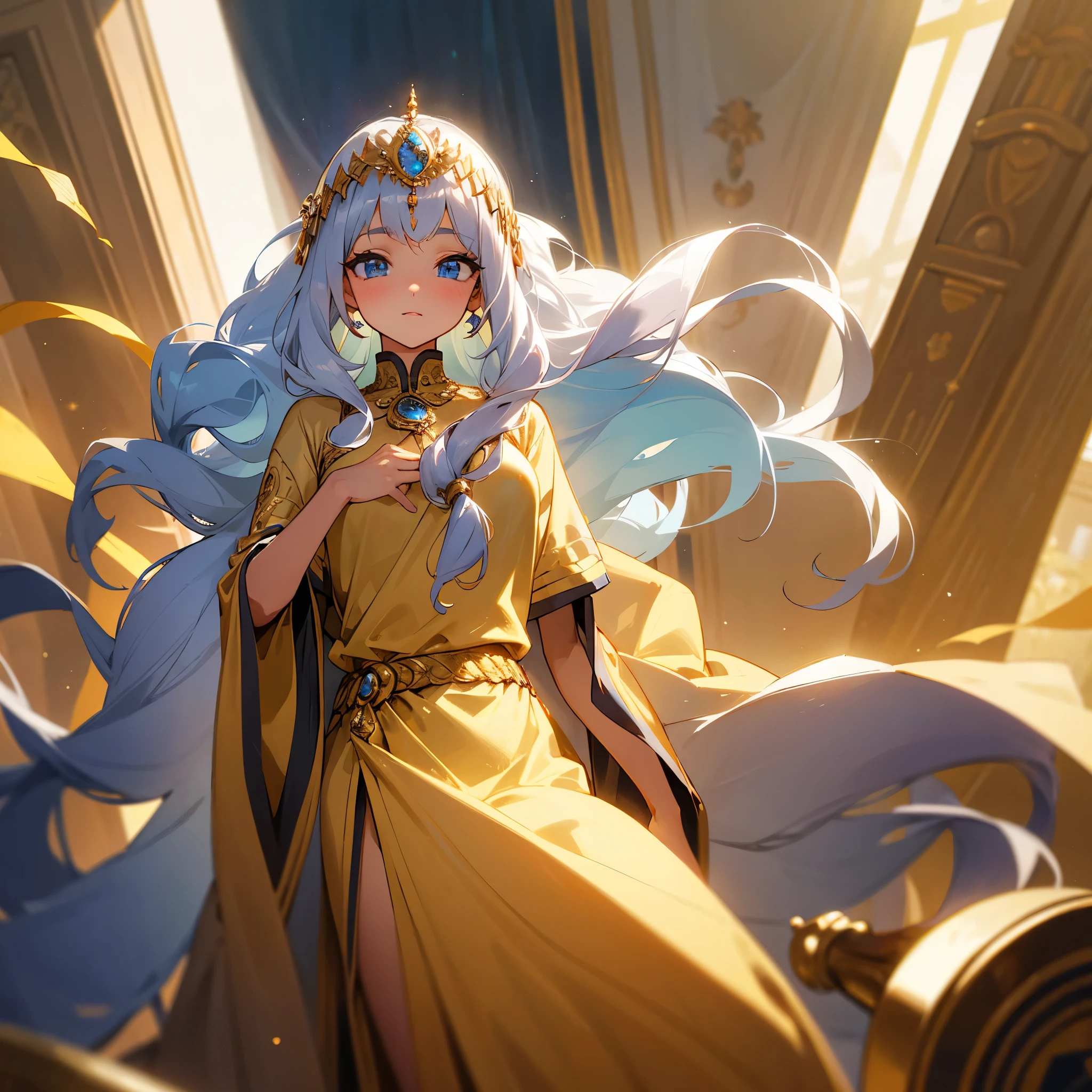 Cute girl with long silver hair blue eyes masterpiece majestic wears golden and light seagreen cloths with a indian atire is a queen and has sof curls