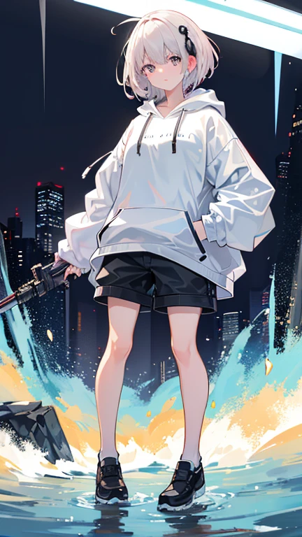 8K resolution、((Highest quality))、((masterpiece))、((Ultra-detailed))、1 female、solo、Unbelievably absurd、Oversized hoodie、Headphones、street、plein air、rain、neon、Short Hair、Light-colored eyes、Put your hands in your pockets、Shorts、Water droplets fall