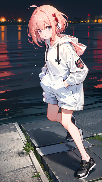 8K resolution、((Highest quality))、((masterpiece))、((Ultra-detailed))、1 female、solo、Unbelievably absurd、Oversized hoodie、Headphones、street、plein air、rain、neon、Short Hair、Light-colored eyes、Put your hands in your pockets、Shorts、Water droplets fall