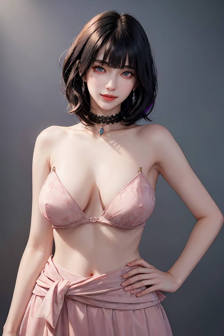(masterpiece, best quality, (1girl:1.5), solo, intricate details, chromatic aberration), (realistic), (skin), ((breath)), (wavy black hair, bob cut, blunt bangs), detailed hair, red head ornament, blue highlights, hair over one eye, small earrings, sharp eyes, purple eyes, choker, pink chiffon dress, (symmetry eyes), (perfect symmetrical body), night, (((natural light))), backlighting, against grey wall, dim lighting ,look at viewer, ((centered shot, from front,(face, waist and hips))), (large breasts: 1.2), big hips, cleavage, smiling