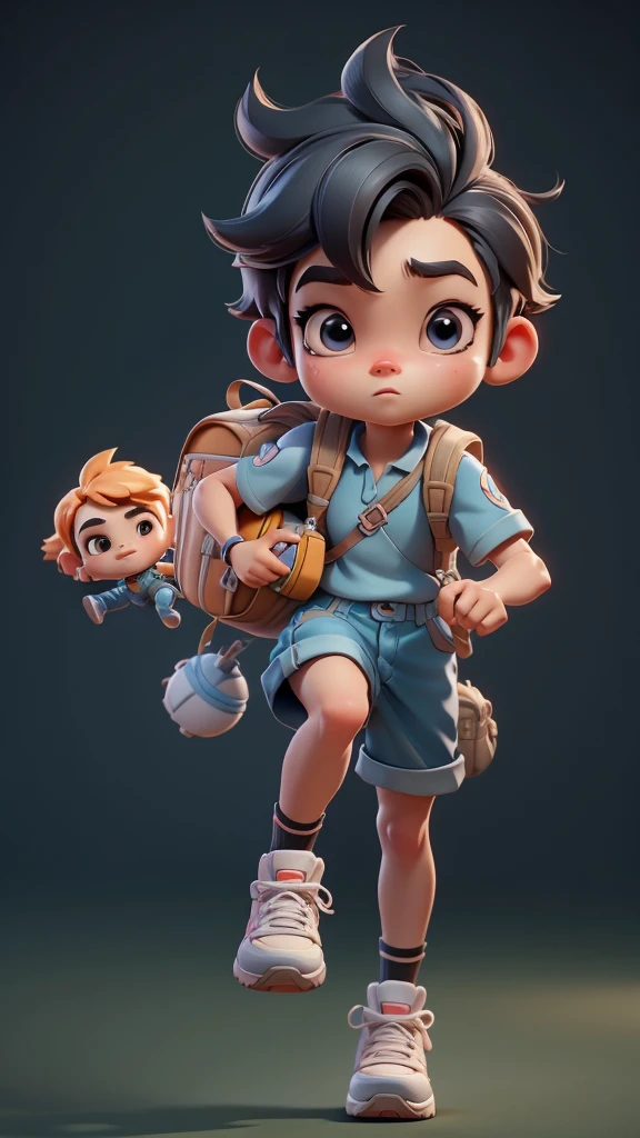 a close up of a cartoon character running with a backpack, cute cartoon character, animation character, hitting gils to boy,cute 3 d render, small character. unreal engine 5, adorable digital painting, concept art of girl and boy, cute character, 3 d cartoon, scout boy, 3d character, 3 d character, cute boy, pixar cute character design, 3 d character art