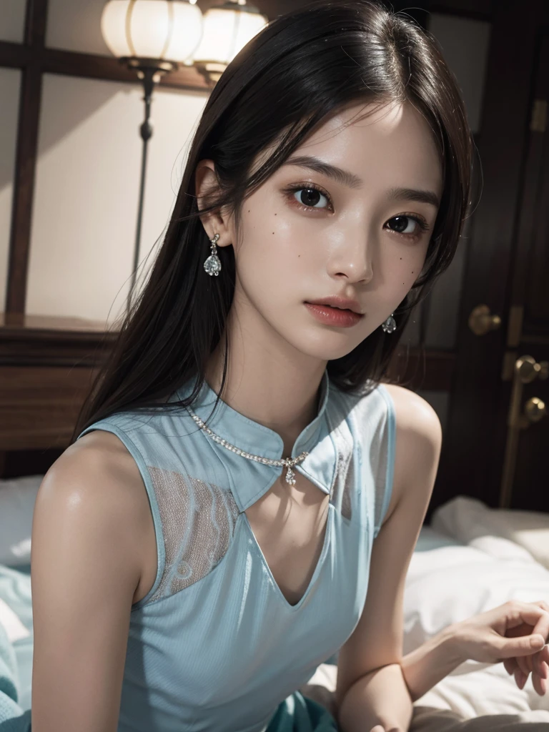 absurdres, RAW photo, extremely delicate and beautiful, masterpiece, Best Quality, ultra high resolution, 32k, hyperrealistic, ultra-detailed, perfect figure, in her 20s, very small head, very small face, delicate facial features, tearful mole, earring, huge breasts, legs, full body shot, medium hair, black hair, cheongsam, sleeveless, deep slit,