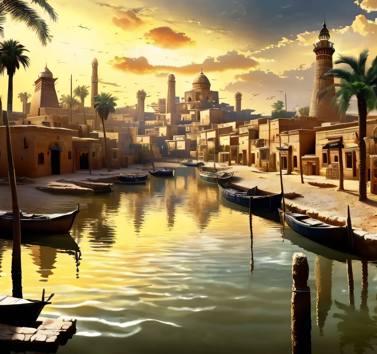 (masterpiece:1.2), (best quality,:1.2), 8k, HDR, ultra detailed, ((photorealistic)), professional light, cinematic lighting,ambient lighting,OverallDetail, a small town in ancient Egypt, by a river with a boat in the water and palm trees in the foreground and a building with a tower, Stygia, epiCPhoto