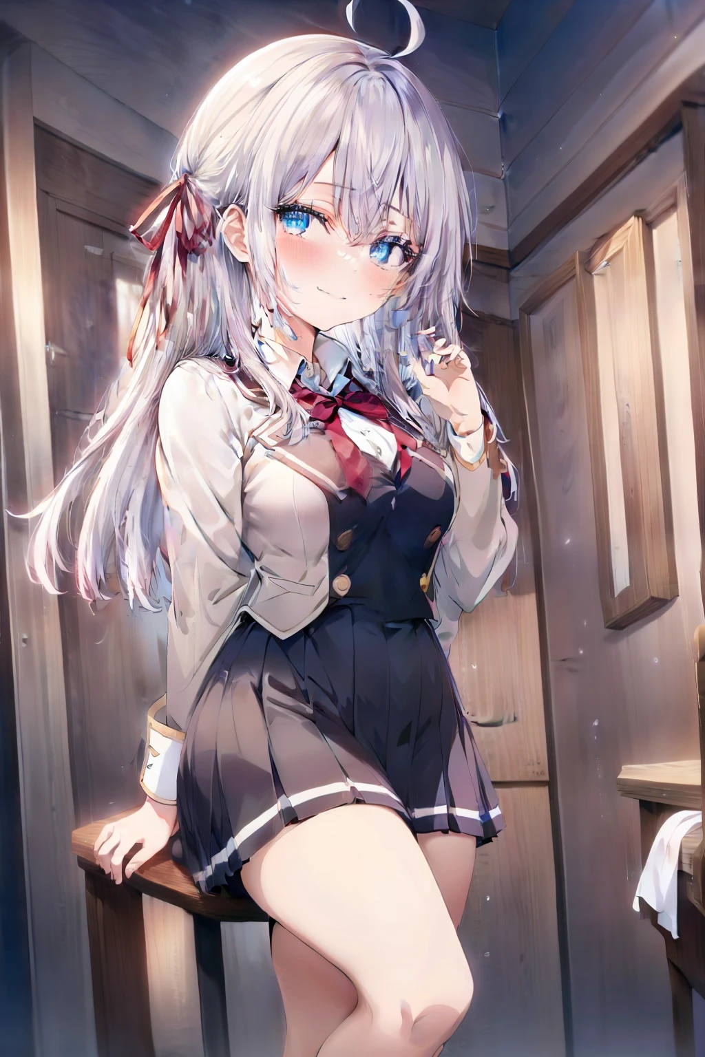 Alisa Mikhailovna Kujou、blush,smile、Silver Hair、Blue Eyes、uniform、Red ribbon、Ahoge、Usual hairstyle、Beautiful legs、Full body view、Highest quality, High resolution, unity 8k wallpaper, (shape:0.8), (Beautiful and beautiful eyes:1.6), Highly detailed face, Perfect lighting, Highly detailed CG, (Perfect hands, Perfect Anatomy),