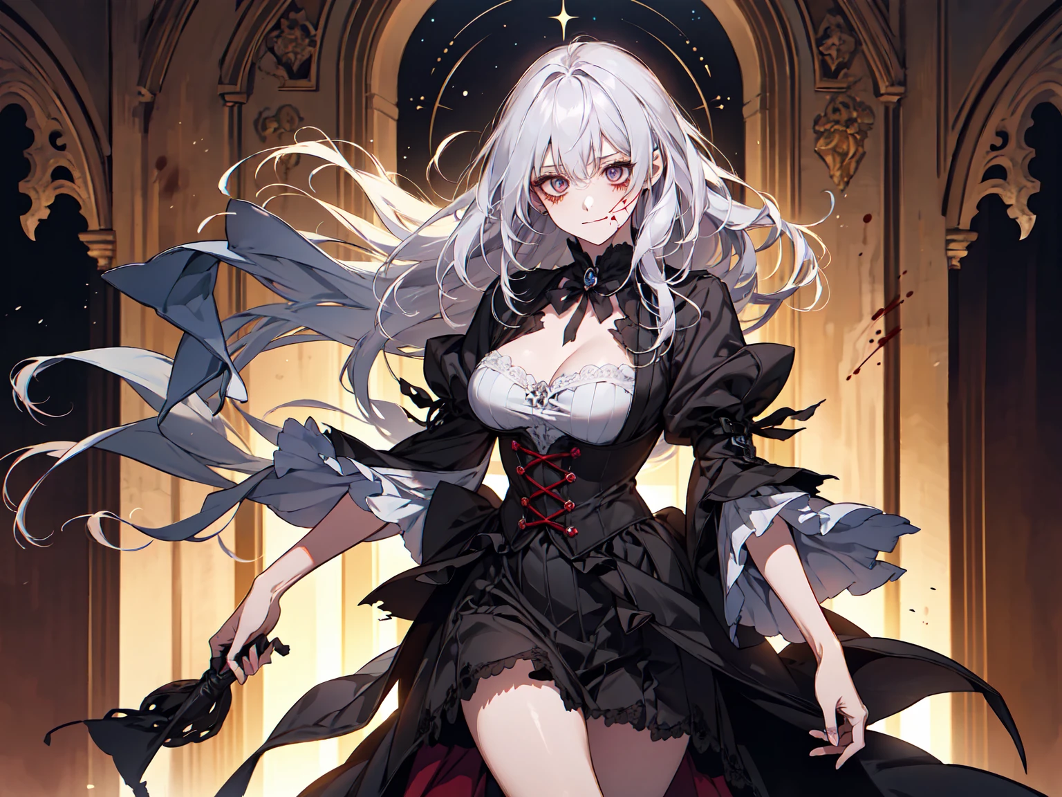 Swarms of Dark Monsterultiple skulls on the ground、周囲に複数のzombie、死んだ腐ったBloodに飢えた邪悪なzombie, Girl Venom, 黒い共to be bornto be born物が付着している, One girl, masterpiece, View your viewers, Professional, Lighting from behind, Particles of light, Gray Hair, Torn clothing, crazy, Yandere, Psychopathic, crazy expression, Licking lips, The pupils constrict, crazy smile, crazy eyes, Conceit, Gothic architecture, Big window behind the girl, Bloodまみれの, Evil look, Psychopathic, Torn clothes, Torn Costume, sexy, reveal, Combat Stance, Very detailed, Vibrant appearance, Creative Action, Very detailed, Imaginative, Sensual, Voluntary, all breasts, sexy, reveal, Highest quality, skinの質感, Intricate details, (Highest quality, masterpiece, 超High resolution), (8k wallpaper, High resolution, High resolution, to be born), (credibility: 1.4), (whole bodyショット), One Girl, ((Anime Girls)),,(Bloodしぶき:1.6), ((Fantasy Witch Costume)), ((Flowing white hair)), ,(Bloodしぶき:1.6),Female curves, Large Breasts, Thick thighs, sexyな平らなお腹, 完璧なhand, 完璧なアニメのface, ((dark ta dress)), Are standing, ((邪悪な笑face)), ,(Bloodしぶき:1.6),Victorian cities, gaslight, Steam circulates, Moonlight Illumination, night間照明, A sky filled with stars and galaxies,(Bloodしぶき:1.6),アニメzombie魔女デザイン, ねじれた笑face、Bloodまみれの、頭からの出Blood、Bloodしぶき、,(Bloodしぶき:1.6),Crossbones, skull, Streetwear Design, Professionalテクター, Horror Style, Full Design, Huge breasts, Very detailed, Realistic, Dark fantasy, Gloomy atmosphere, Intricate details, crazyスマイル, 狂ったeye, A cute and stylish hair band,(masterpiece:1.2, Highest quality), Scary atmosphere、Distorted facial expressions、Horror Art、Bloodの雨、Bloodを流す、Bloodしぶき,(Bloodしぶき:1.6),悪魔のeye、greenいeye、scar、火scar、whole body、Torn hair of a woman dressed in slave clothing、(Long Hair)、(eyeにかかる長さの前髪)、Black Hair、(((eyeの下のクマ)))、green白いskin、Feeling unwell、Pathological、邪悪な笑face、狂ったeye、(Grin)Dramatic makeup,Create mixed media art、,Horror 1 Girl, Open_mouth, , green_eye, Blood, Tilt_red_skin, Injury, Blood_In addition_face, Bandaged_arm, Blood_In addition_zombie, Blood_In addition_hand , Open your eyelids wide, The trend is all, mouthを大きくOpen, mouthを開けてteethをむき出しにする,獣のような鋭いteeth, Wide lips, 非常に広いmouth, Vermilion cheeks, blonde, ,(Bloodしぶき:1.6),Princess Cut, Ribbon hair ornament, brooch, Otaku Room, Well-built body, Nice body, Ample breasts, Thick body,eyeを大きく開いて、Scary atmosphere、Distorted facial expressions、ねじれた笑face、Bloodまみれの、頭からの出Blood、Bloodしぶき、whole body、,(Bloodしぶき:1.6),Long Hair、Long bangs、Well-built,Broad shoulders,I focus,(face),Messy Hair,いeye,(光るeye),green信号,笑face,big 笑face,teeth,psycho 笑face,gesugao,Dark city background,darkness,night,(close),良いeye, 良いteeth,サディスティックな笑face,,all,光沢のあるskin,詳細なface,Beautiful body, mouthからの白い息 Luxurious lace long gloves、A charming Western alley、Gothic architecture、Western architecture、Fantasy World、