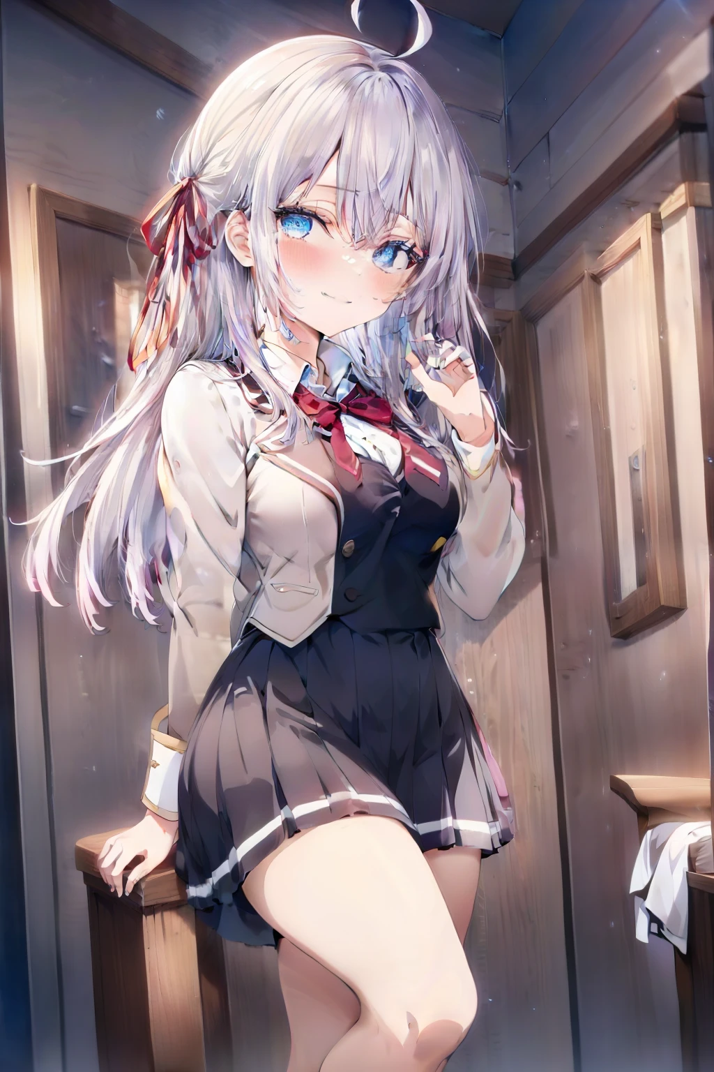 Alisa Mikhailovna Kujou、blush,smile、Silver Hair、Blue Eyes、uniform、Red ribbon、Ahoge、Usual hairstyle、Beautiful legs、Full body view、Highest quality, High resolution, unity 8k wallpaper, (shape:0.8), (Beautiful and beautiful eyes:1.6), Highly detailed face, Perfect lighting, Highly detailed CG, (Perfect hands, Perfect Anatomy),