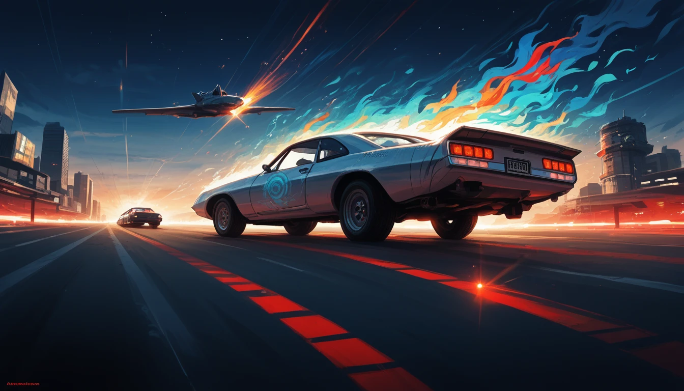 An electrifying starting lineup on a futuristic highway, brimming with excitement and anticipation as it sets the stage for an adrenaline-fueled racing game. The scene unfolds against a vibrant, neon-lit cityscape that stretches into the horizon, a kaleidoscope of skyscrapers piercing the night sky, their windows ling like distant stars. The asphalt below is a sleek, mirrored surface, reflecting the myriad of high-performance cars poised for the race. Each vehicle is a masterpiece of design and technology, boasting sharp angles, gleaming chrome, and an array of customizations that make them as unique as the digital warriors who will soon be maneuvering them. The spectrum of colors is dazzling, with cars ranging from fiery reds and oranges to cool blues and purples, each emitting a soft glow that accentuates their contours. The game's logo, "HyperDrift 2077," burns brightly in the center of the screen, its edgy font a testament to the high-speed world the players are about to enter. Above the cars, floating holographic displays count down from ten to one, the numbers pulsing with an energy that seems almost tangible. The racers, visible through the tinted windshields, are a diverse cast of characters, each with a determined look in their eyes. The setting sun casts a dramatic orange hue across the scene, framing the cars in a way that suggests the race will be one of epic proportions. The air is thick with the scent of burnt rubber and the distant hum of roaring engines, hinting at the chaotic symphony of speed and power that is about to unfold. The starting screen of "HyperDrift 2077" promises a heart-pounding experience, where the only limits are the players' skills and imagination.