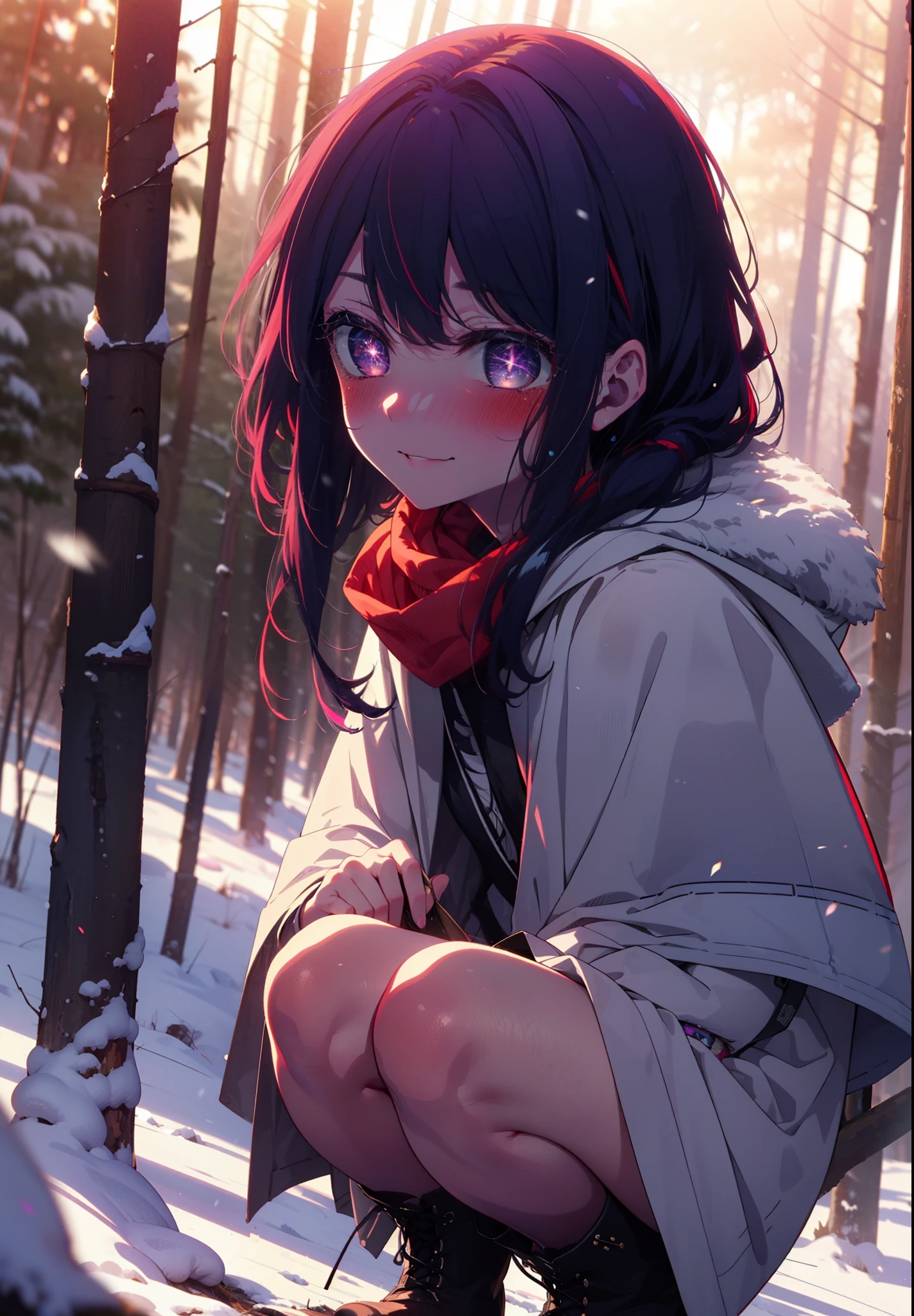 aihoshino, Ai Hoshino, Long Hair, bangs, (Purple eyes:1.1), Purple Hair, (Symbol-shaped pupil:1.5), smile,,smile,blush,White Breath,
Open your mouth,snow,Ground bonfire, Outdoor, boots, snowing, From the side, wood, suitcase, Cape, Blurred, , forest, White handbag, nature,  Squat, Mouth closed, Cape, winter, Written boundary depth, Black shoes, red Cape break looking at viewer, Upper Body, whole body, break Outdoor, forest, nature, break (masterpiece:1.2), Highest quality, High resolution, unity 8k wallpaper, (shape:0.8), (Beautiful and beautiful eyes:1.6), Highly detailed face, Perfect lighting, Extremely detailed CG, (Perfect hands, Perfect Anatomy),
