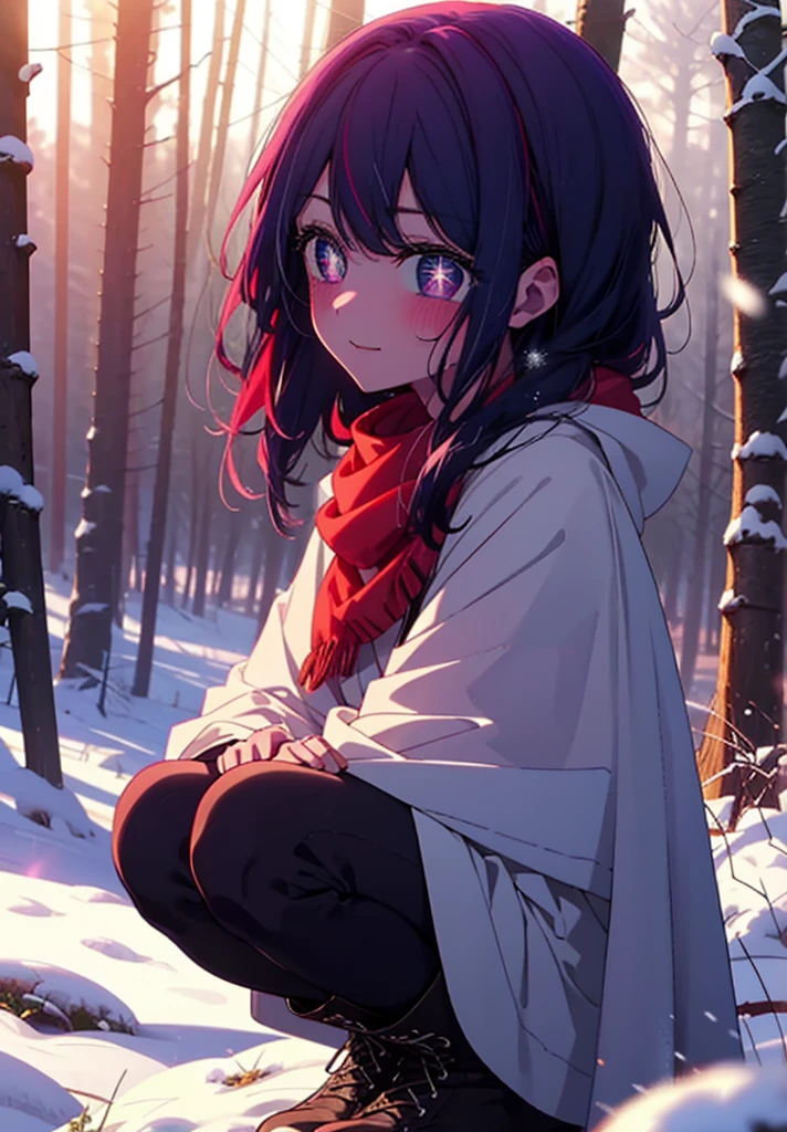 aihoshino, Ai Hoshino, Long Hair, bangs, (Purple eyes:1.1), Purple Hair, (Symbol-shaped pupil:1.5), smile,,smile,blush,White Breath,
Open your mouth,snow,Ground bonfire, Outdoor, boots, snowing, From the side, wood, suitcase, Cape, Blurred, , forest, White handbag, nature, Squat, Mouth closed, Cape, winter, Written boundary depth, Black shoes, red Cape break looking at viewer, Upper Body, whole body, break Outdoor, forest, nature, break (masterpiece:1.2), Highest quality, High resolution, unity 8k wallpaper, (shape:0.8), (Beautiful and beautiful eyes:1.6), Highly detailed face, Perfect lighting, Extremely detailed CG, (Perfect hands, Perfect Anatomy),