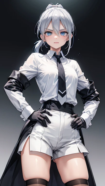 Adult features tall Light blue eyes Gray Hair ponytail Slit eyes laugh at Glare frivolous attitude Evil Face White shirt No tie Black hot pants Black long gloves Black knee socks coat Place your right hand on your hip grassland looking at the camera