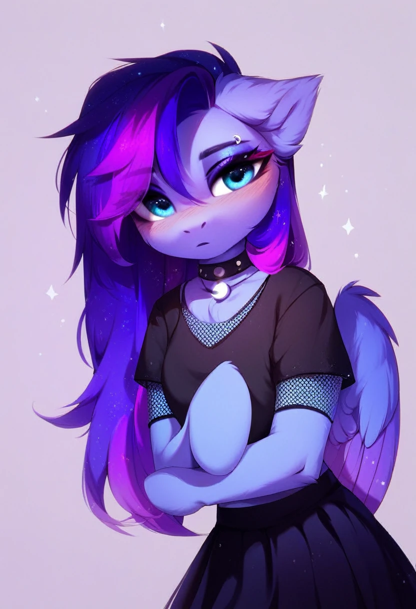 check_9, check_8_up, check_7_up, source_fluffy, rating_safe, from Magnaluna, Luna poses seductively in a gothic bedroom, antro, blushing, blue body, purple mane, black skirt 