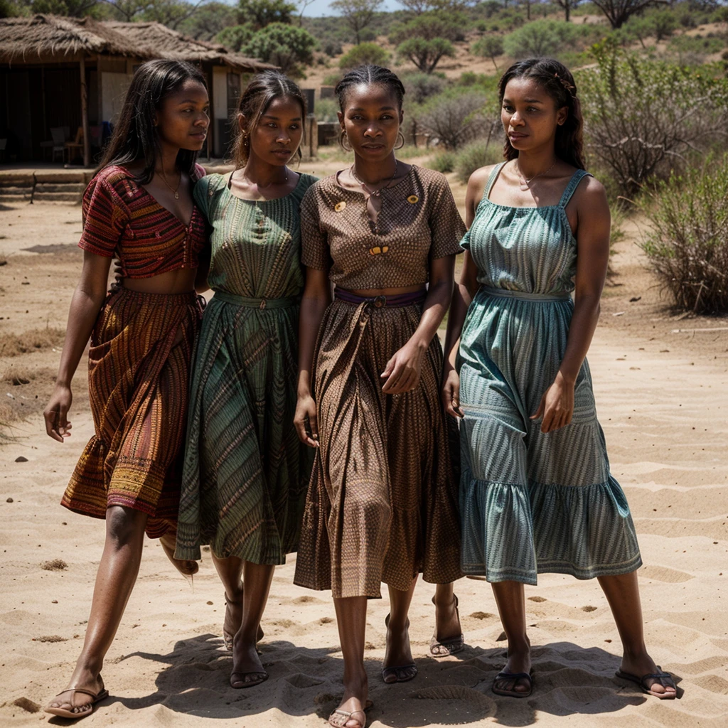 a group of women in traditional african attire, walking in a line on a dirt path, savanna landscape, warm lighting, vibrant colors, detailed textiles, intricate tribal patterns, natural environment, photorealistic, 8k, highly detailed, masterpiece
