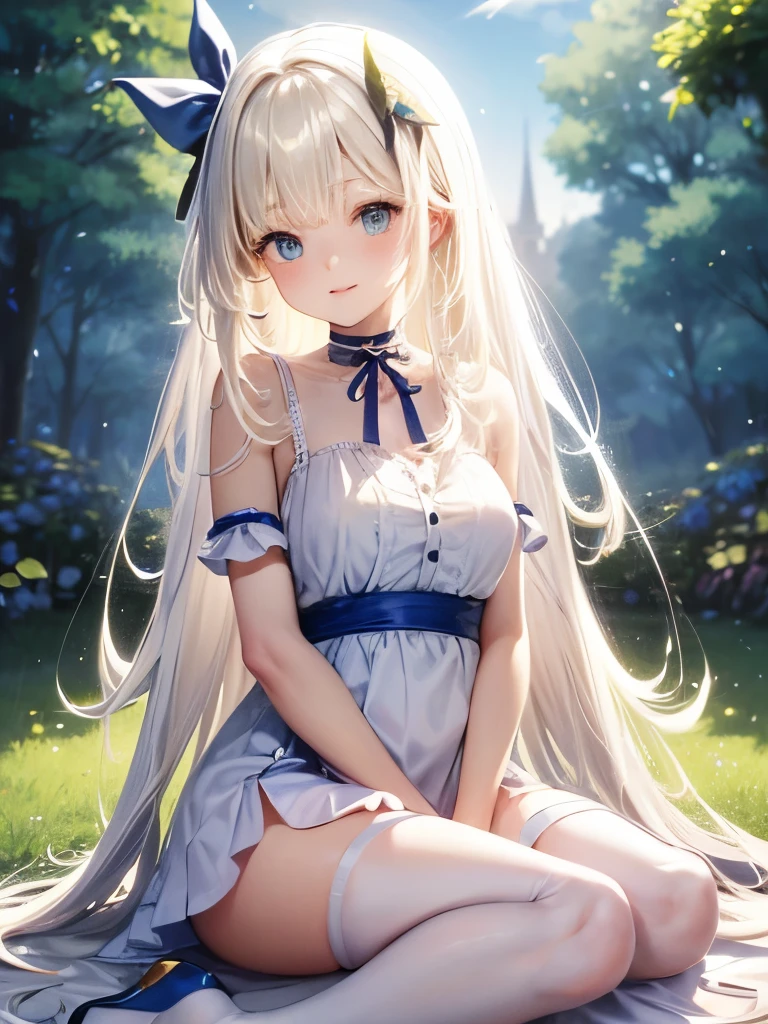 (Alice in Wonderland)、Ultra-high resolution、Highest quality、1beautiful女の子、Ultra high definition、8K Ultra HD、beautiful 顔、Silky platinum blonde extra long straight hair、beautiful, clear, big lapis lazuli eyes、大きなbeautiful乳房、beautiful鎖骨、Cute smile、Soft skin texture、White apron、Blue Dress、開いたネックラインのBlue Dress、(Big ribbon hair ornament)、choker、In the English garden、Sit on the grass、comfortable、Blowing in the Wind、風になびくSilky platinum blonde extra long straight hair、