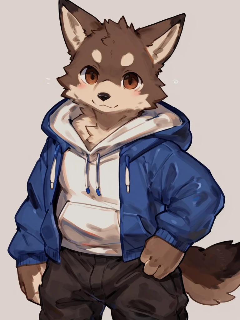 ((Best quality, masterpiece, detailed anatomy, detailed eyes, detailed hands, perfect lighting, perfect shading.)), by Buta99, by Zackary911, 1male, Wolf, brown furs, tight body, dark brown eyes, skinny chub body, young body, blue sleeveless hoodie, black pants, brown boots, at the white background