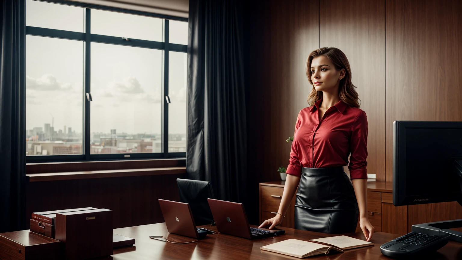 a beautiful woman in a professional office setting, elegant red business attire, serious expression, desk with computer, professional and efficient, office supplies, warm lighting, photorealistic, highly detailed, cinematic composition, dramatic lighting, color grading, Rembrandt lighting