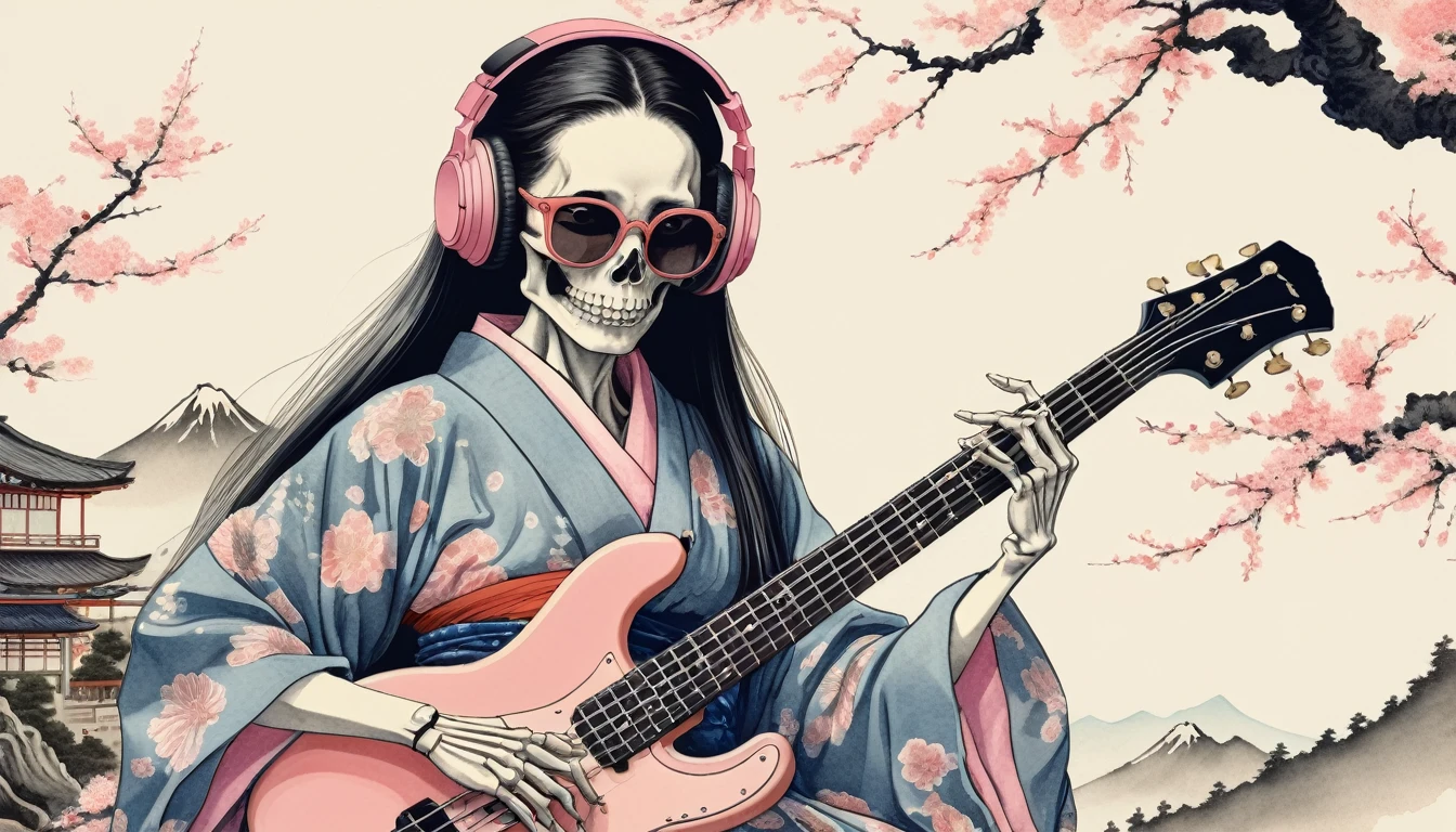 A female skeleton with long hair wearing a gorgeous kimono, Light pink lens sunglasses, Katsushika Hokusai, Ink Painting, Japanese style headphones, Playing the bass guitar, Modern ukiyo-e style