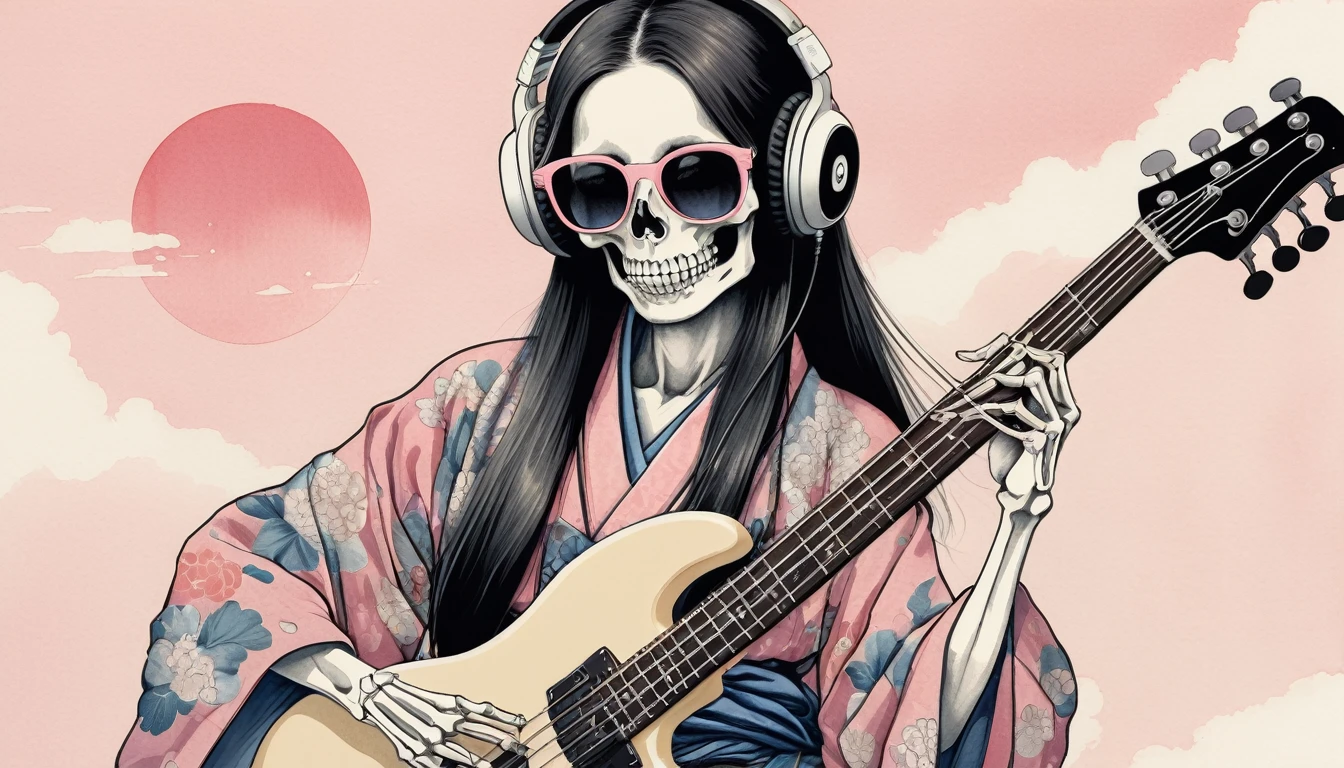 A female skeleton with long hair wearing a gorgeous kimono, Light pink lens sunglasses, Katsushika Hokusai, Ink Painting, Japanese style headphones, Playing the bass guitar, Modern ukiyo-e style