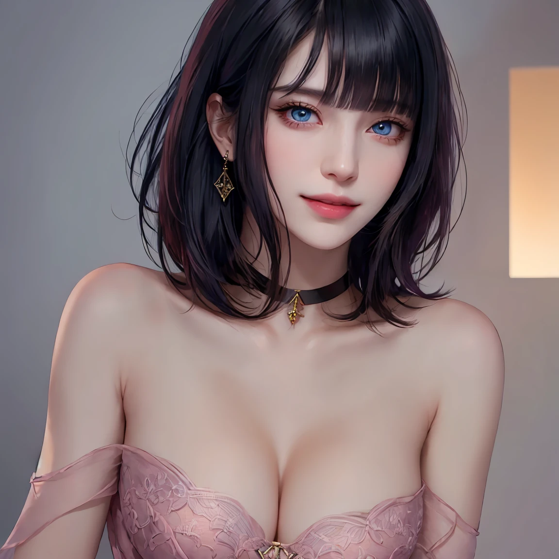 (masterpiece, best quality, (1girl:1.5), solo, intricate details, chromatic aberration), (realistic), (skin), ((breath)), (wavy black hair, bob cut, blunt bangs), detailed hair, red head ornament, blue highlights, hair over one eye, small earrings, sharp eyes, purple eyes, choker, pink chiffon dress, (symmetry eyes), (perfect symmetrical body), night, (((natural light))), backlighting, against grey wall, dim lighting ,look at viewer, ((centered shot, from front,(face and waist))), (large breasts: 1.2), cleavage, smiling