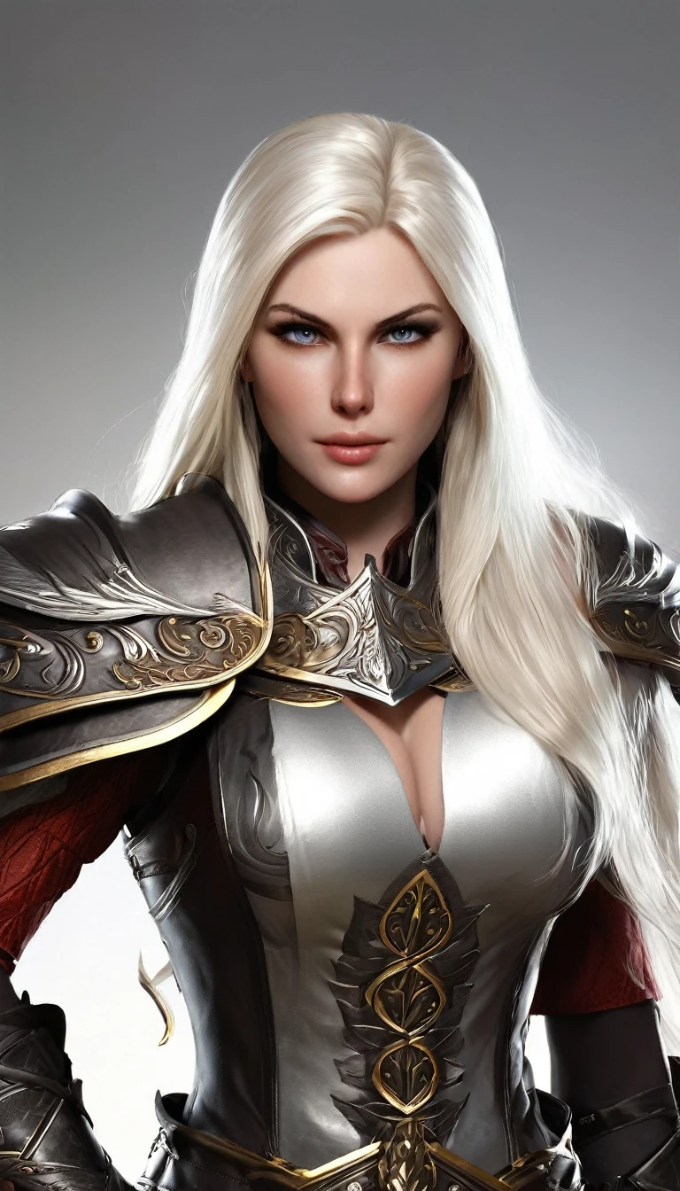 (character portrait for the game Dungeons and dragons), (female 30 years old, spellblade, high charisma), (white skin:0.8, nordic facial features, heavy black makeup, light blue eyes, blond, long, straight hair), (dark fantasy), (heavy platemail armor, gray metallic, cleavage),([dim lights], shadows in the background, red, black, yellow)