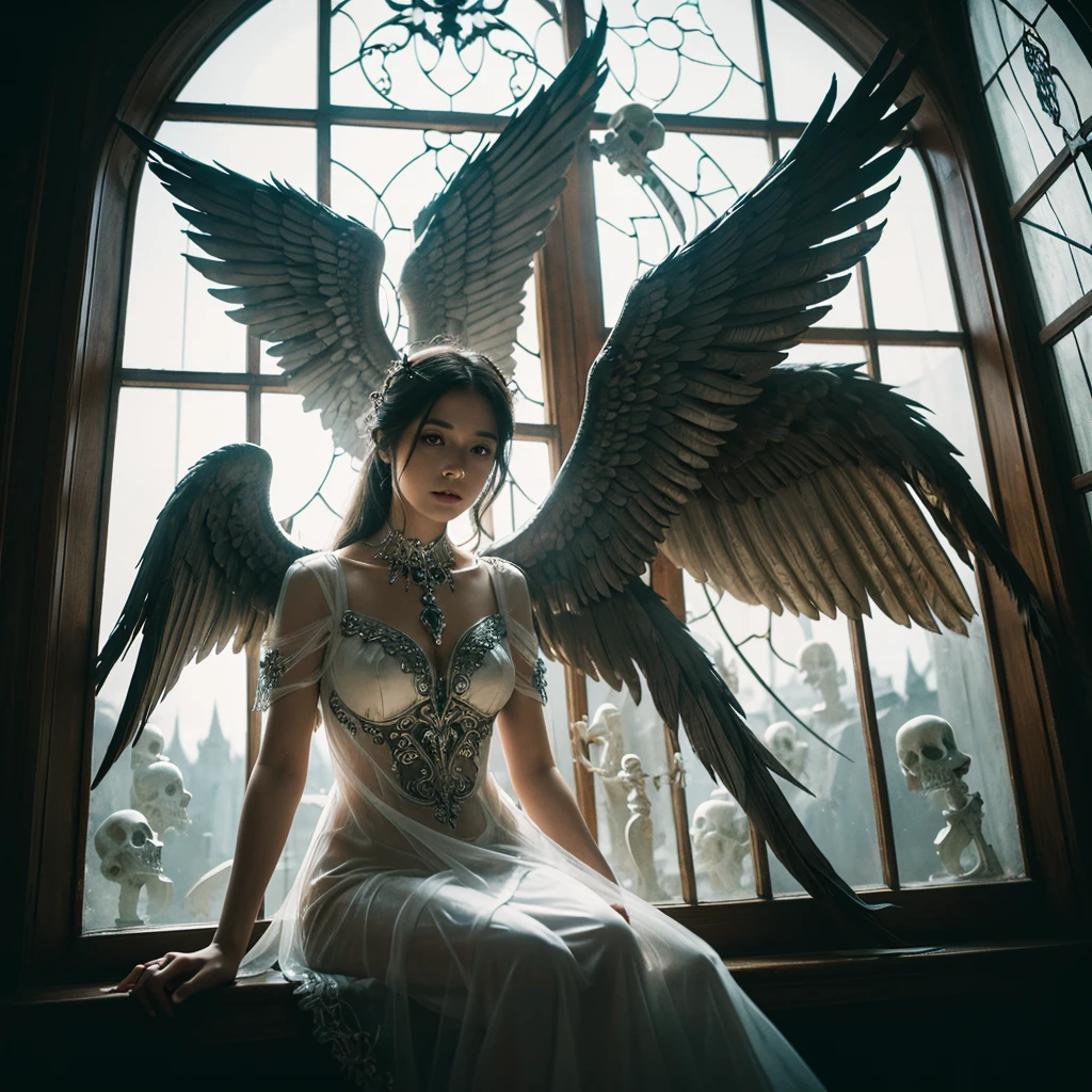 a woman with mystical wings, wearing a flowing and transparent dress, sitting on a window frame with intricate carvings and two angel statues, below the window a pile of skulls and bones, life and death, beauty and existence, dark and celestial, dramatic lighting, fantasy, cinematic, gothic, chiaroscuro