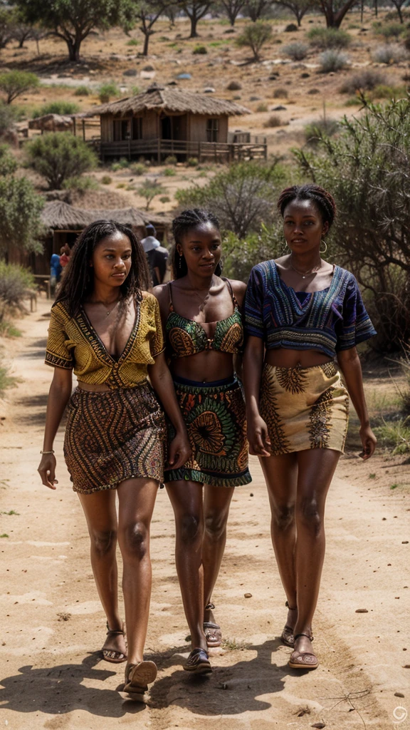 a group of women in traditional african attire, walking in a line on a dirt path, savanna landscape, warm lighting, vibrant colors, detailed textiles, intricate tribal patterns, natural environment, photorealistic, 8k, highly detailed, masterpiece