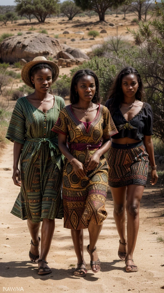 a group of women in traditional african attire, walking in a line on a dirt path, savanna landscape, warm lighting, vibrant colors, detailed textiles, intricate tribal patterns, natural environment, photorealistic, 8k, highly detailed, masterpiece