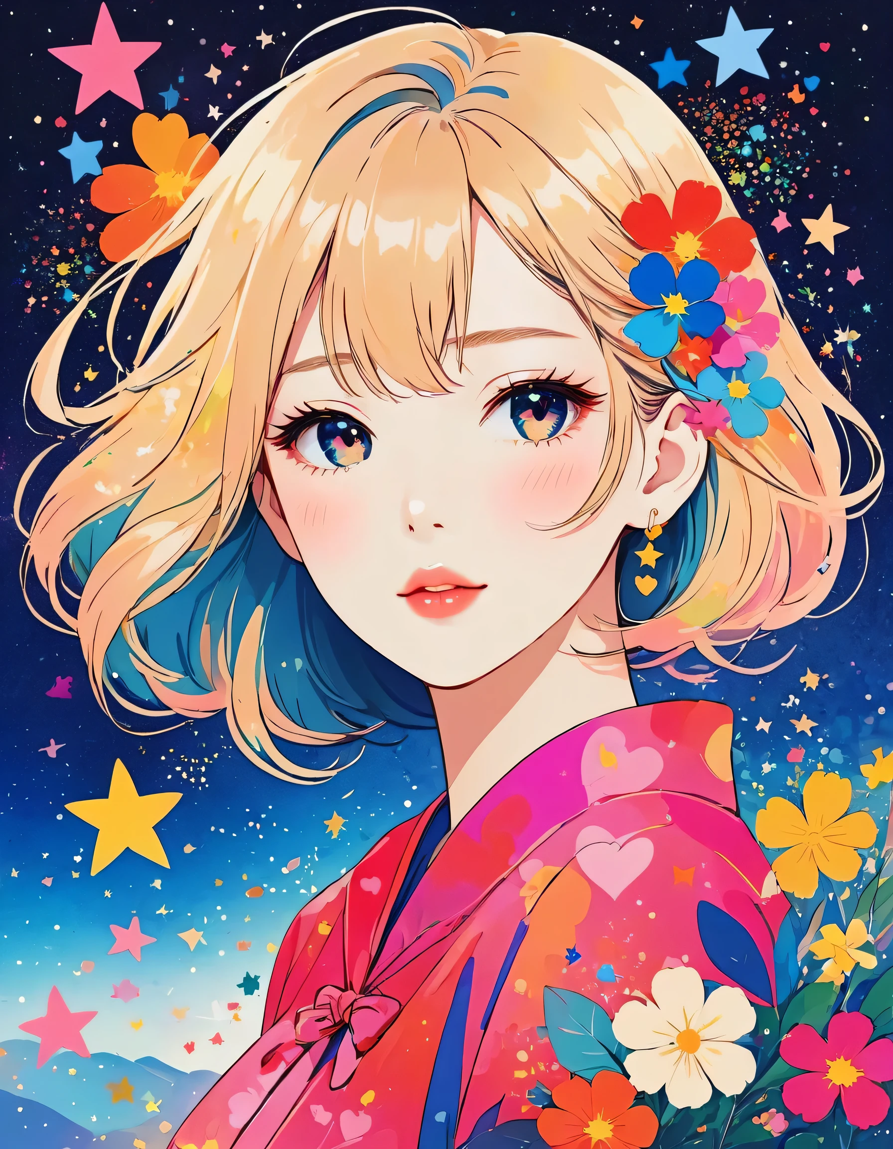 Seizo Watase style, Simple Line Initialism,Abstract art,stylish Design, (((The most beautiful girl of all time))), The background is star dust, colorful hearts, colorful flowers, Lips in love