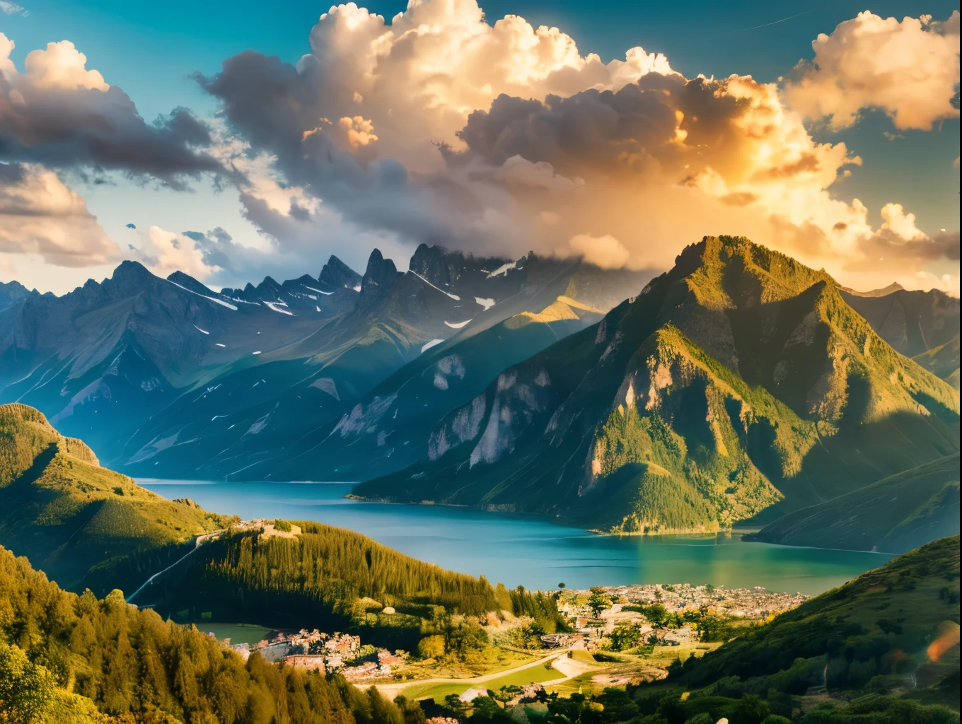 a peaceful landscape, beautiful clouds over majestic mountains, golden hour lighting, dramatic sky, serene atmosphere, rolling hills, lush greenery, tranquil lake, picturesque scenery, cinematic composition, (best quality,8k,highres,masterpiece:1.2),ultra-detailed,(realistic,photorealistic,photo-realistic:1.37),landscape,natural lighting,warm color tones,dramatic lighting
