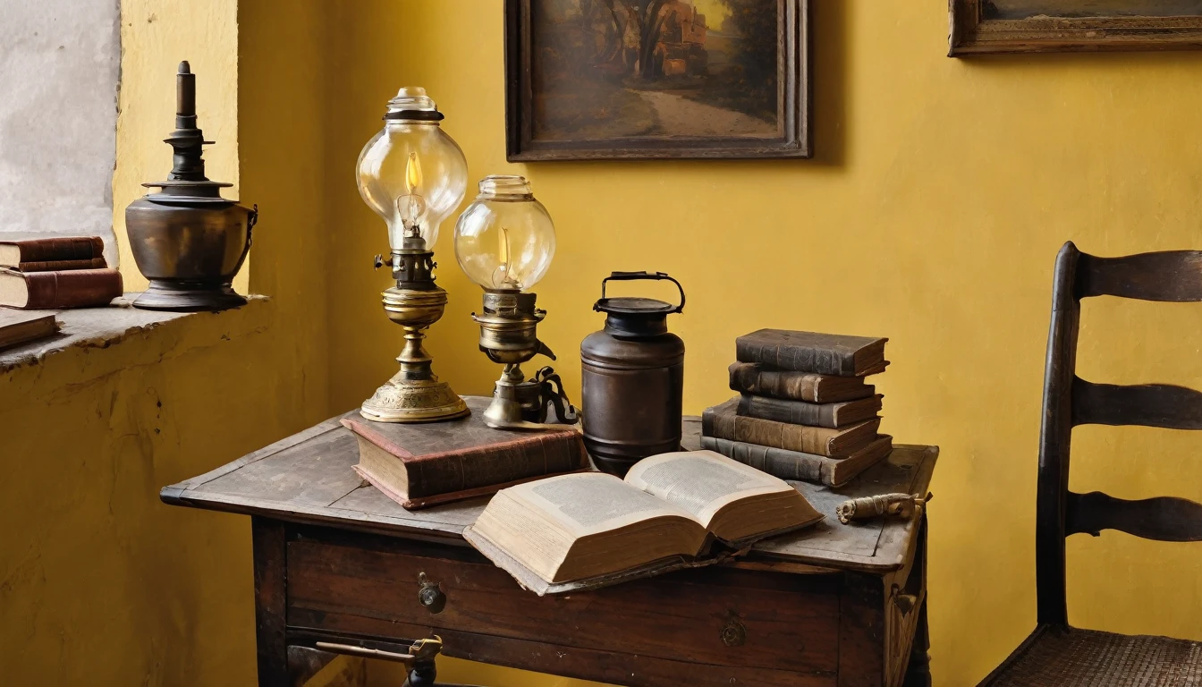 An old-fashioned oil lamp, books and other objects on a table against a yellow wall