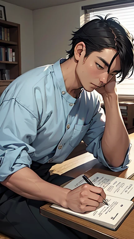 A scene where Sato-san is writing down things he regrets in a notebook at home、Casual clothing、The background is the living room、I am concentrating on writing