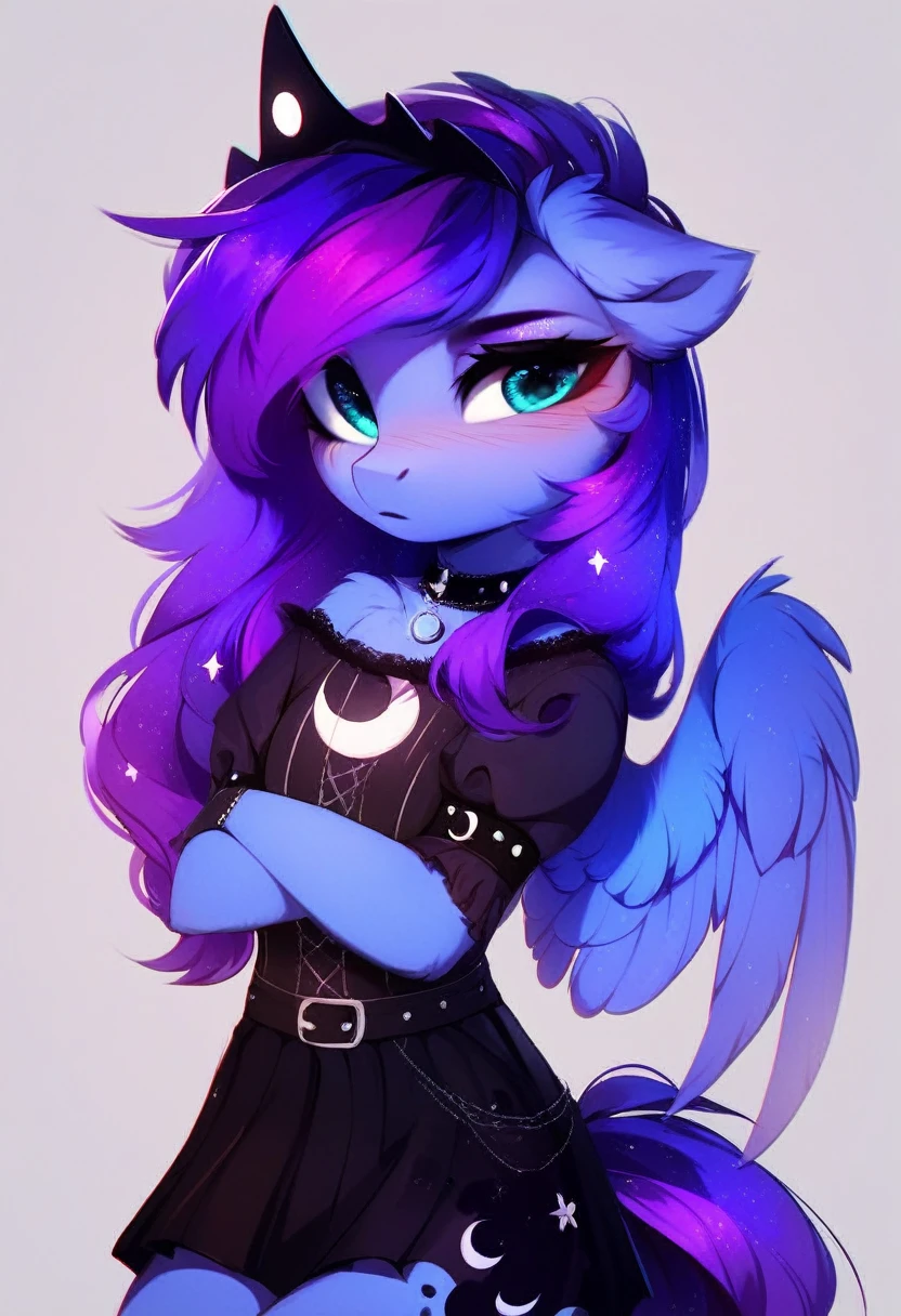 check_9, check_8_up, check_7_up, source_fluffy, rating_safe, from Magnaluna, Luna poses seductively in a gothic bedroom, antro, blushing, blue body, purple mane, black skirt 
